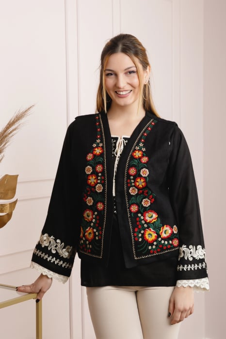 Vesta traditionala neagra cu broderie florala multicolora Nadia