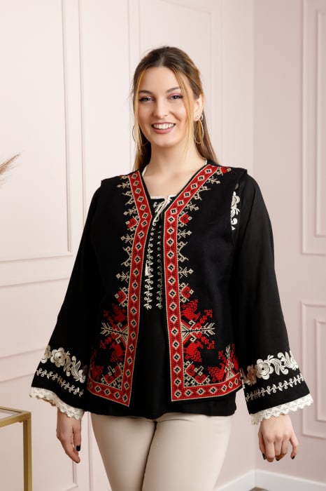 Vesta traditionala neagra cu broderie geometrica multicolora Tania